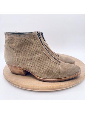 Aquatalia Boots Womens 6.5 Beige Suede Ankle Zip Front Block Heels Boho Italy